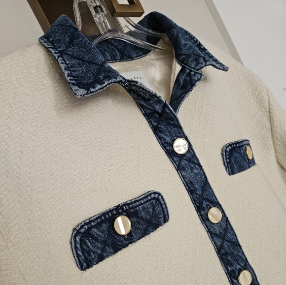 Sandro Ivory Tweed Jacket with Quilted Denim Inserts Size 38/US Size 6 - Picture 9 of 16